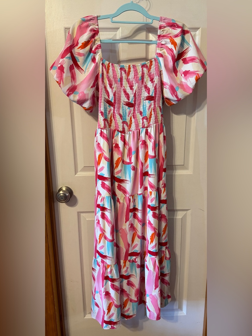 Pink Multi-Color Smocked Dress with Puff Sleeves Size L